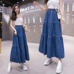 Denim Long Skirt Women 2021 Summer New Korean Style Elastic High Waist Solid Patchwork A Line Midi Skirt Plus Size Jean Skirts