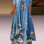 Popular new product printed short-sleeved summer dress, women's irregular hem dress Free shipping